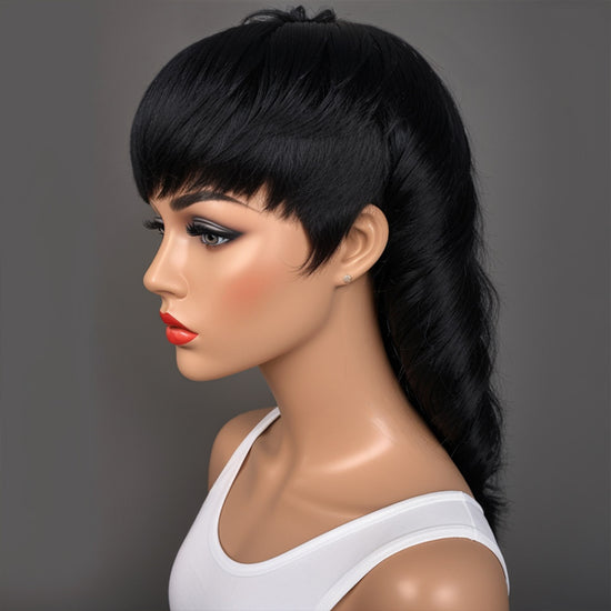 Mullet Haircut Wig Human Hair 80s 90s Glueless Wolftail Wig With Bangs
