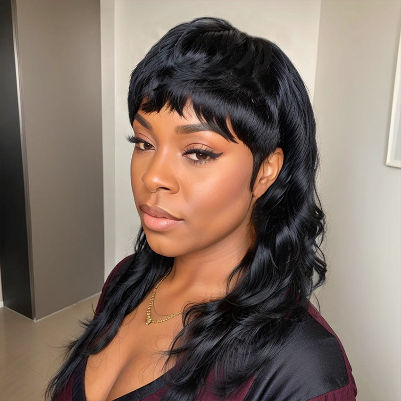 Mullet Haircut Wig Human Hair 80s 90s Glueless Wolftail Wig With Bangs