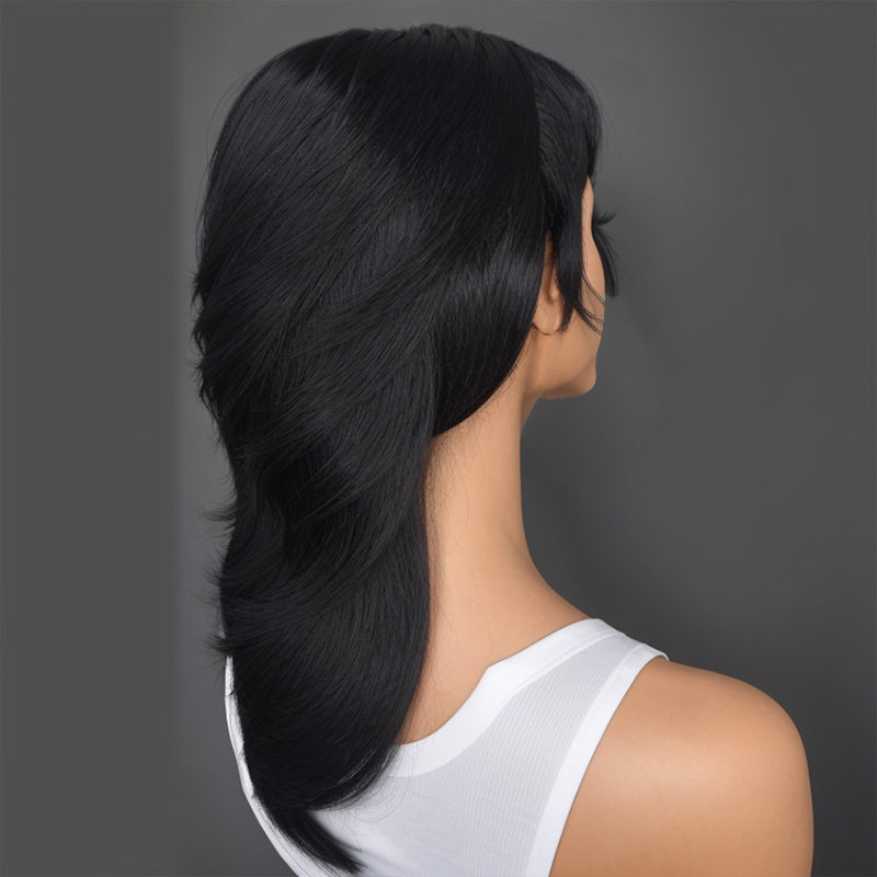 Mullet Haircut Wig Human Hair 80s 90s Glueless Wolftail Wig With Bangs