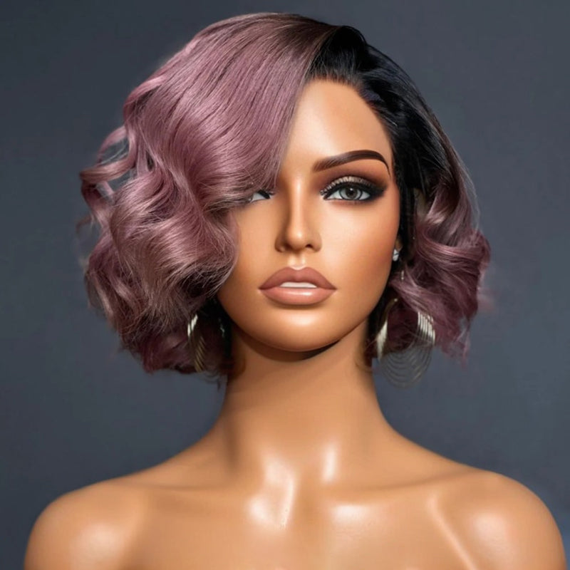 NEW COLOR-Turkish Rose Pink Wavy Bob With Black Roots Glueless 5x5 Lace Closure Wig
