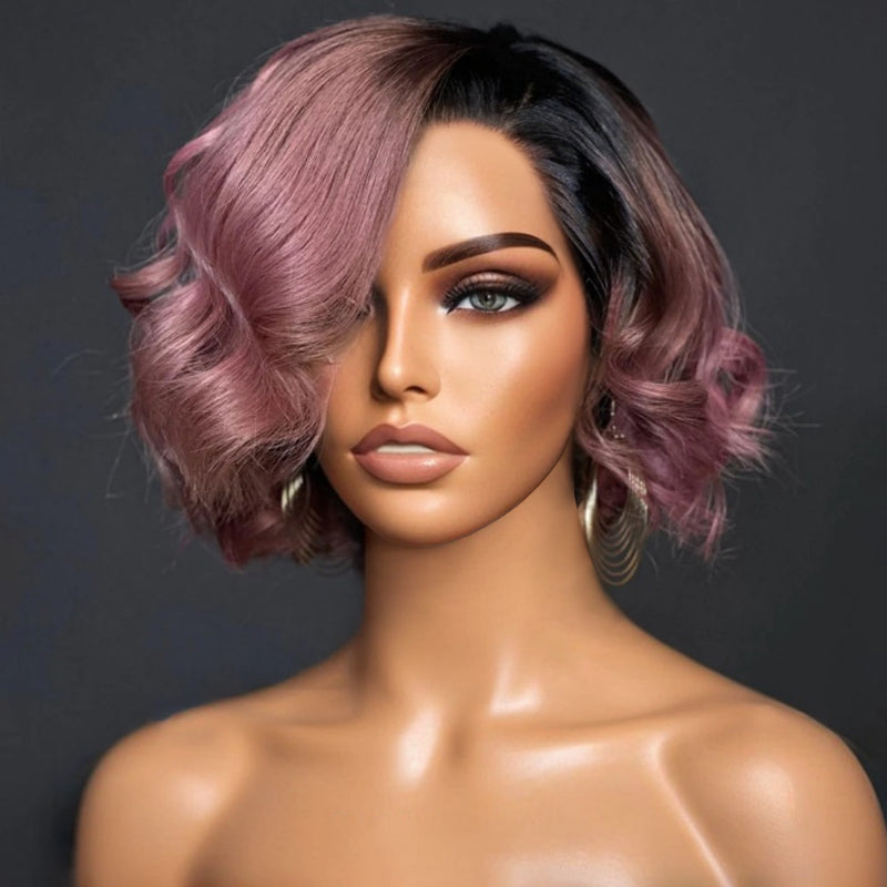 NEW COLOR-Turkish Rose Pink Wavy Bob With Black Roots Glueless 5x5 Lace Closure Wig