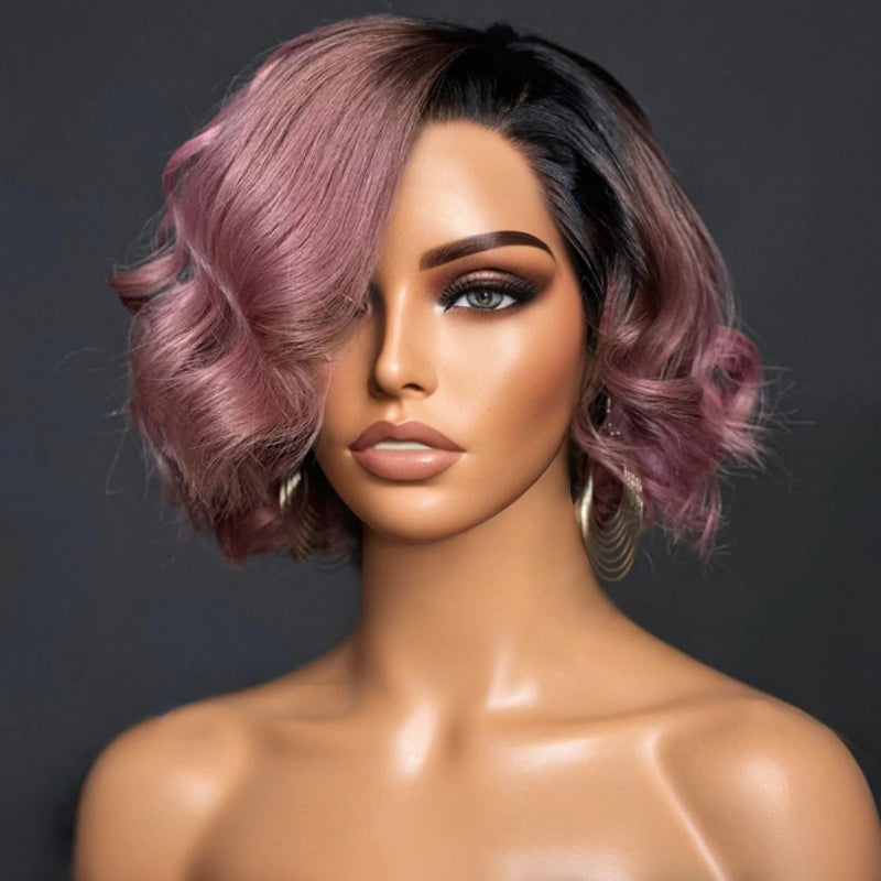 Load image into Gallery viewer, NEW COLOR-Turkish Rose Pink Wavy Bob With Black Roots Glueless 5x5 Lace Closure Wig
