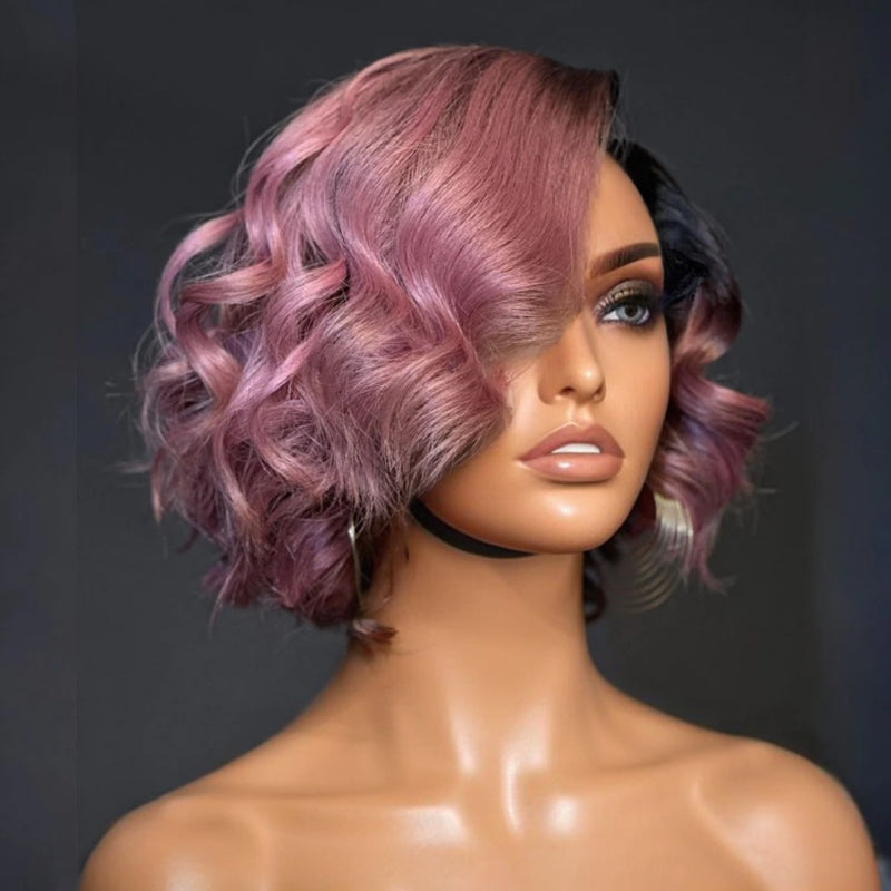 NEW COLOR-Turkish Rose Pink Wavy Bob With Black Roots Glueless 5x5 Lace Closure Wig