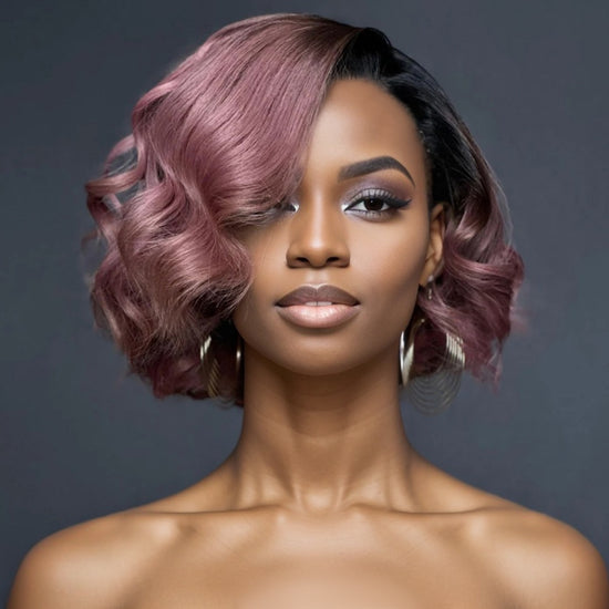 NEW COLOR-Turkish Rose Pink Wavy Bob With Black Roots Glueless 5x5 Lace Closure Wig