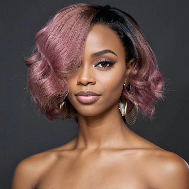 NEW COLOR-Turkish Rose Pink Wavy Bob With Black Roots Glueless 5x5 Lace Closure Wig