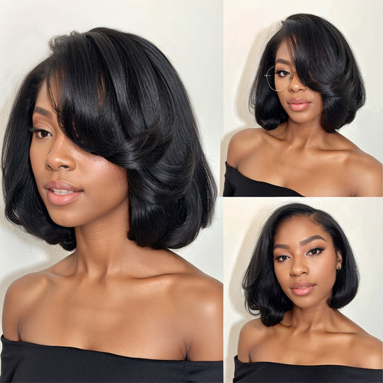 Natural Black 13x4 Lace Front Wig Deep Side Part Short Bob Human Hair Wig