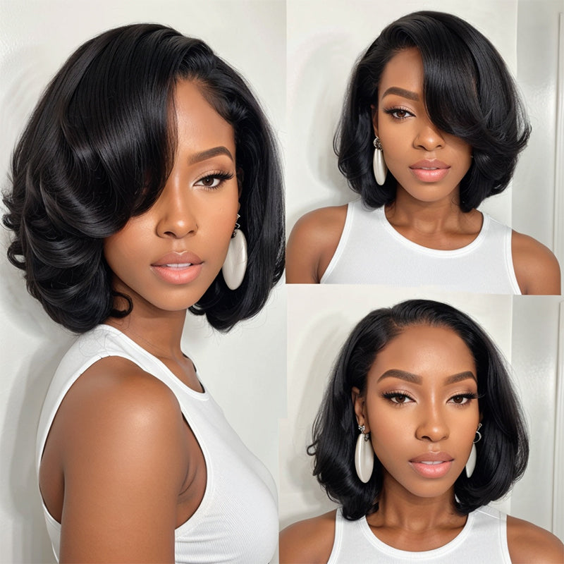 Natural Black 13x4 Lace Front Wig Deep Side Part Short Bob Human Hair Wig