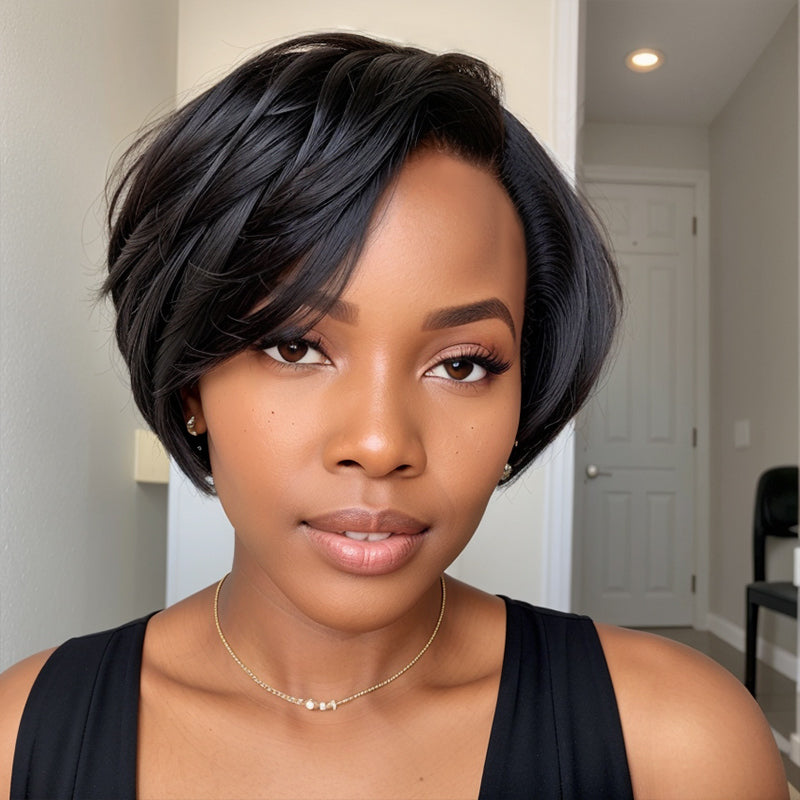 Natural Black Glueless 5x5 Closure Lace Wig Short Pixie Cut Bob Wigs S LinktoHair