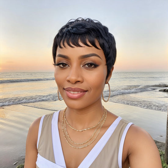 Natural Black Hair Short Pixie Cut Glueless Wig With Bangs Human Hair
