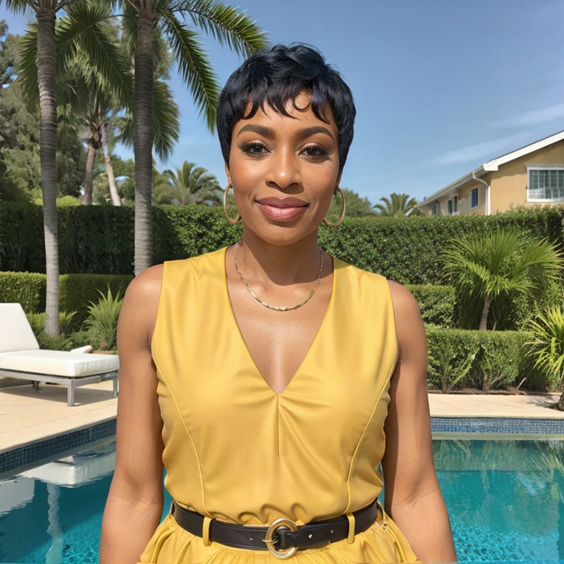 Natural Black Hair Short Pixie Cut Glueless Wig With Bangs Human Hair