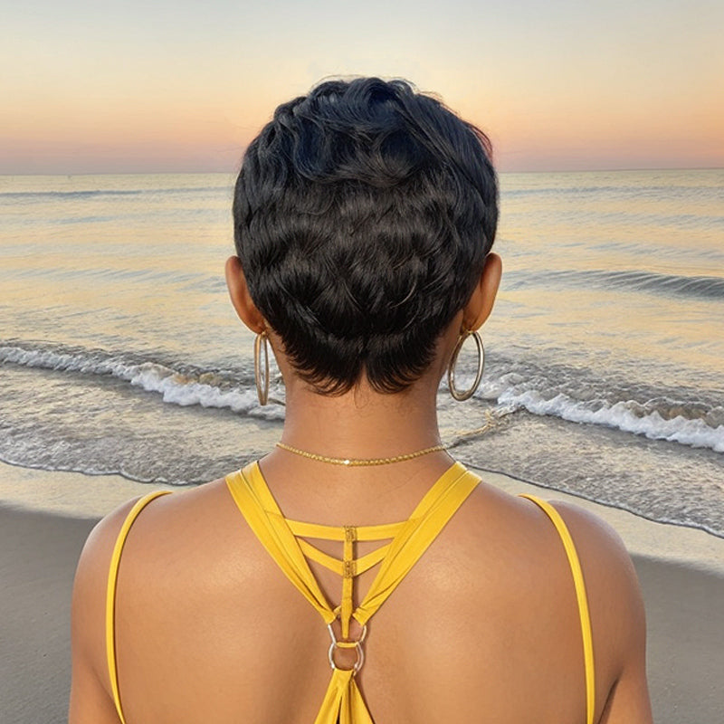 Natural Black Hair Short Pixie Cut Glueless Wig With Bangs Human Hair