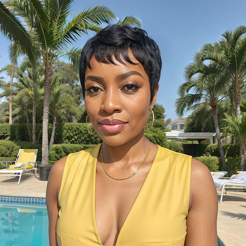 Natural Black Hair Short Pixie Cut Glueless Wig With Bangs Human Hair