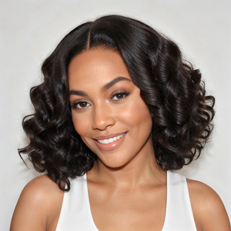 Load image into Gallery viewer, Natural Black Roll Curly 5x5 Closure HD Lace Glueless C Part Short Wig 100% Human Hair

