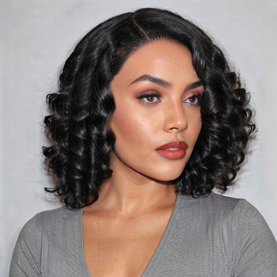 Load image into Gallery viewer, Natural Black Roll Curly 5x5 Closure HD Lace Glueless C Part Short Wig 100% Human Hair
