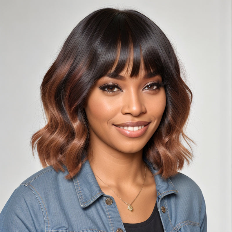 Load image into Gallery viewer, Ombre Brown Glueless Short Wavy Shoulder Length Bob Wig With Bang Human Hair Wigs
