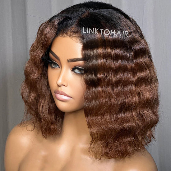 Ombre Brown Wavy Wear & Go Kinky Edges Pre Cut Glueless 5x5 HD Lace Bob Human Hair Wig