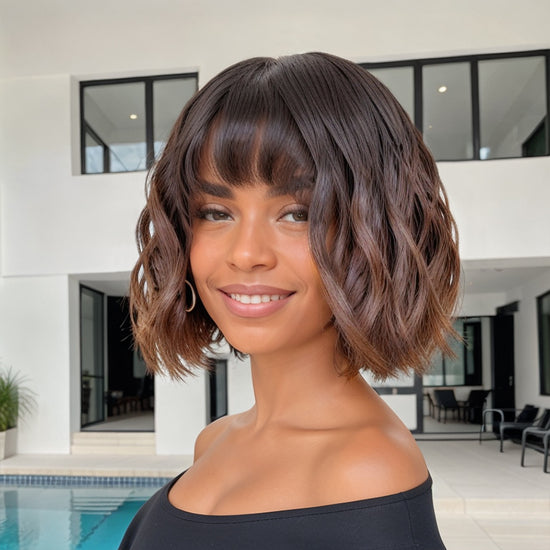 Linktohair Ombre Brown Colored Short Bob Wavy Wigs Human Hair With Bangs