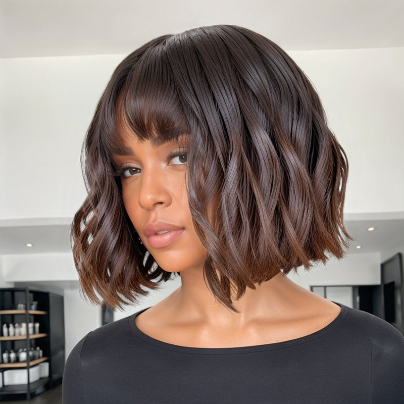Linktohair Ombre Brown Colored Short Bob Wavy Wigs Human Hair With Bangs