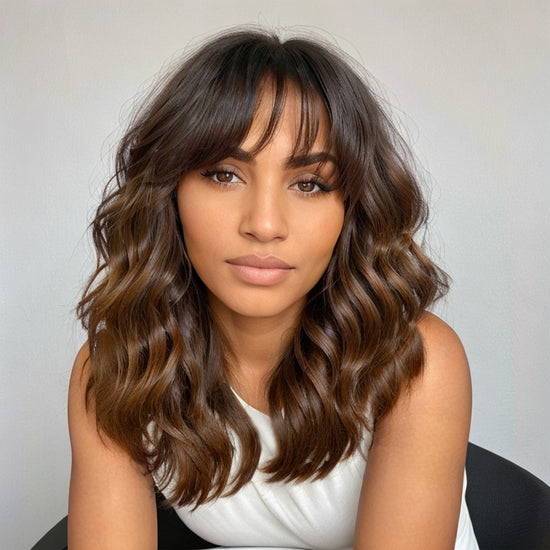Ombre Brown Wavy Layered Curtain Bangs Lace Front Wig