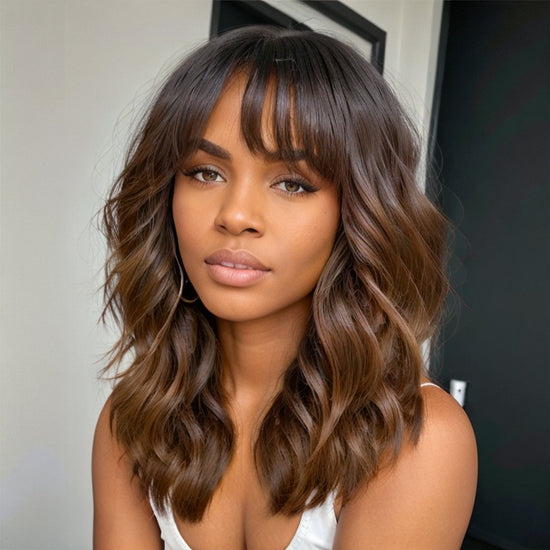Load image into Gallery viewer, Ombre Brown Wavy Layered Curtain Bangs Lace Front Wig
