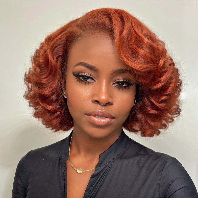 Trendy Limited Design | Orange Bob Wavy Glueless 13x4 Frontal Lace Wig 100% Human Hair