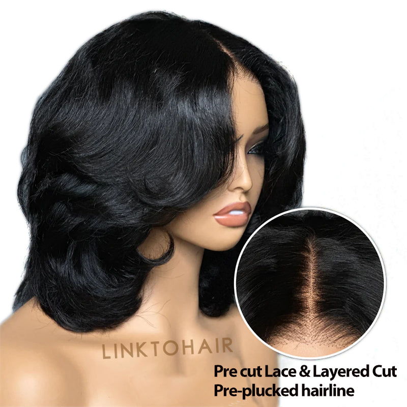 Load image into Gallery viewer, Put On &amp;amp; Go Realistic Layered Cut Short Wavy Bob Pre-Cut Glueless Wig Human Hair
