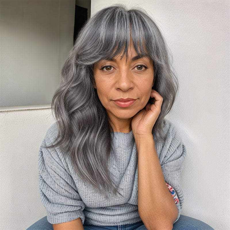 Put On And Go Salt And Pepper Glueless Wig Natural Wave With Bangs