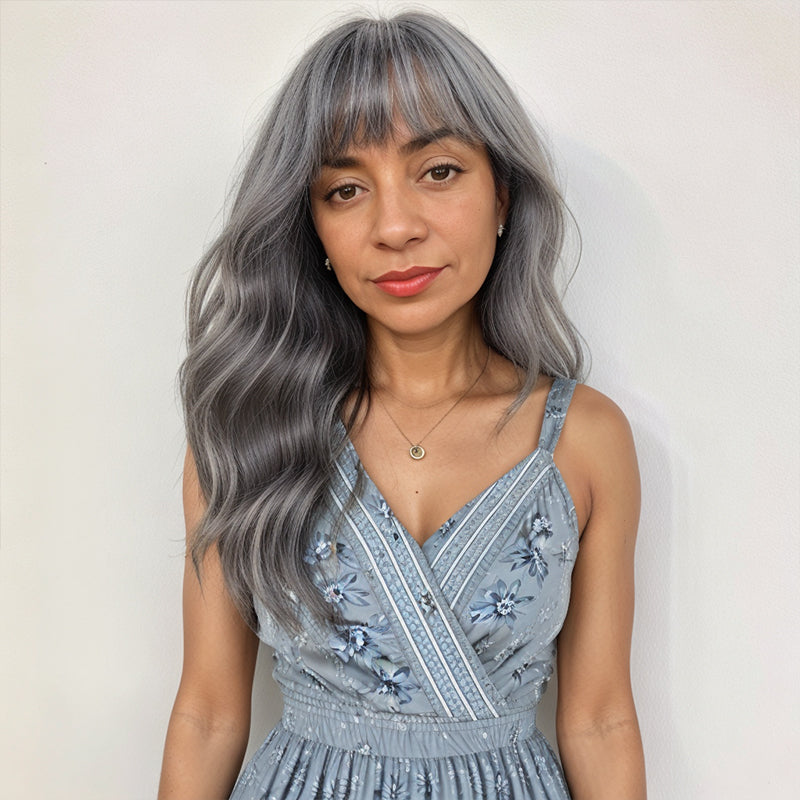 Put On And Go Salt And Pepper Glueless Wig Natural Wave With Bangs