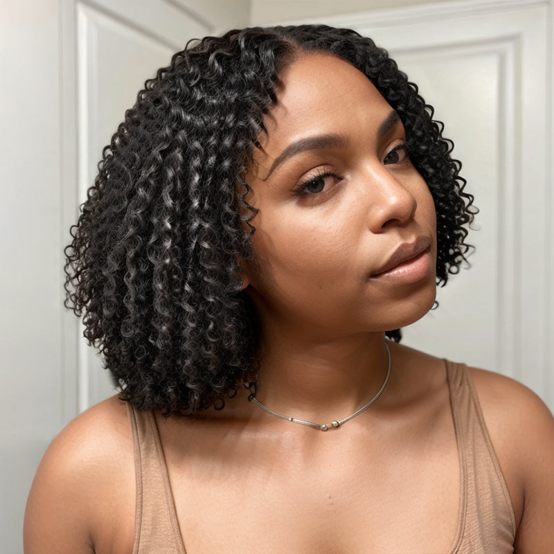 Put On & Go Finger Coiling Curls With Kinky Edges 5x5 Closure Lace Short Bob Wig