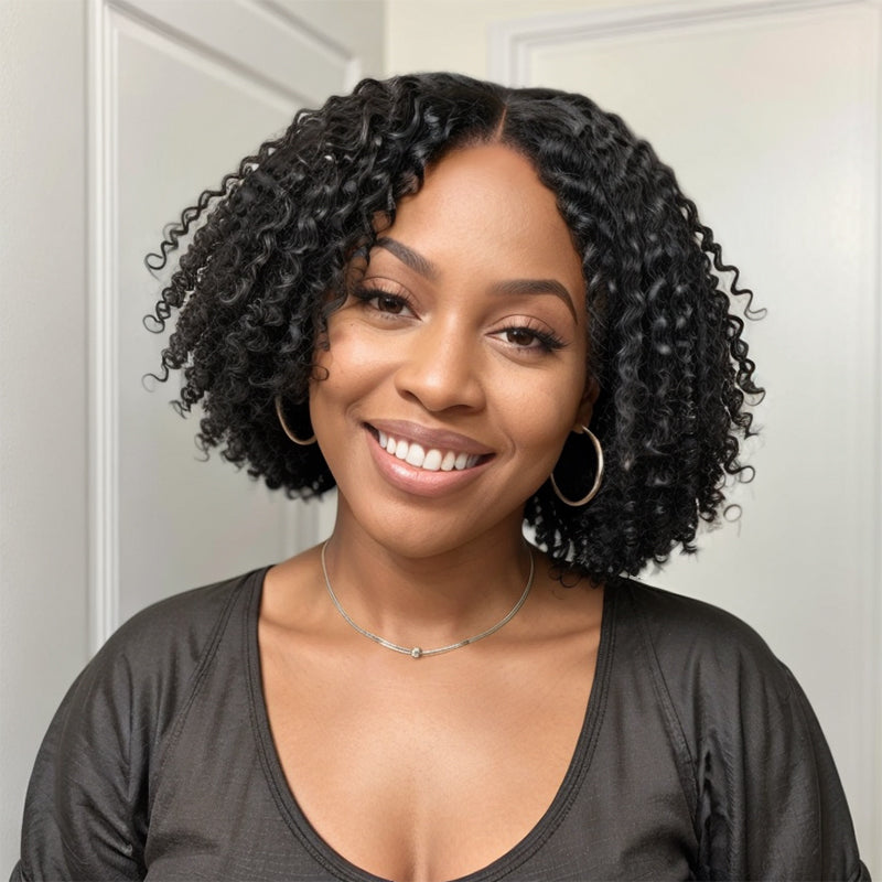 Load image into Gallery viewer, Put On &amp;amp; Go Finger Coiling Curls With Kinky Edges 5x5 Closure Lace Short Bob Wig
