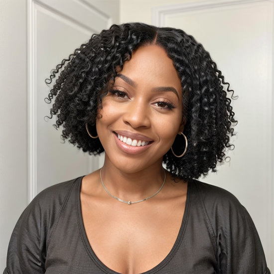 Put On & Go Finger Coiling Curls With Kinky Edges 5x5 Closure Lace Short Bob Wig