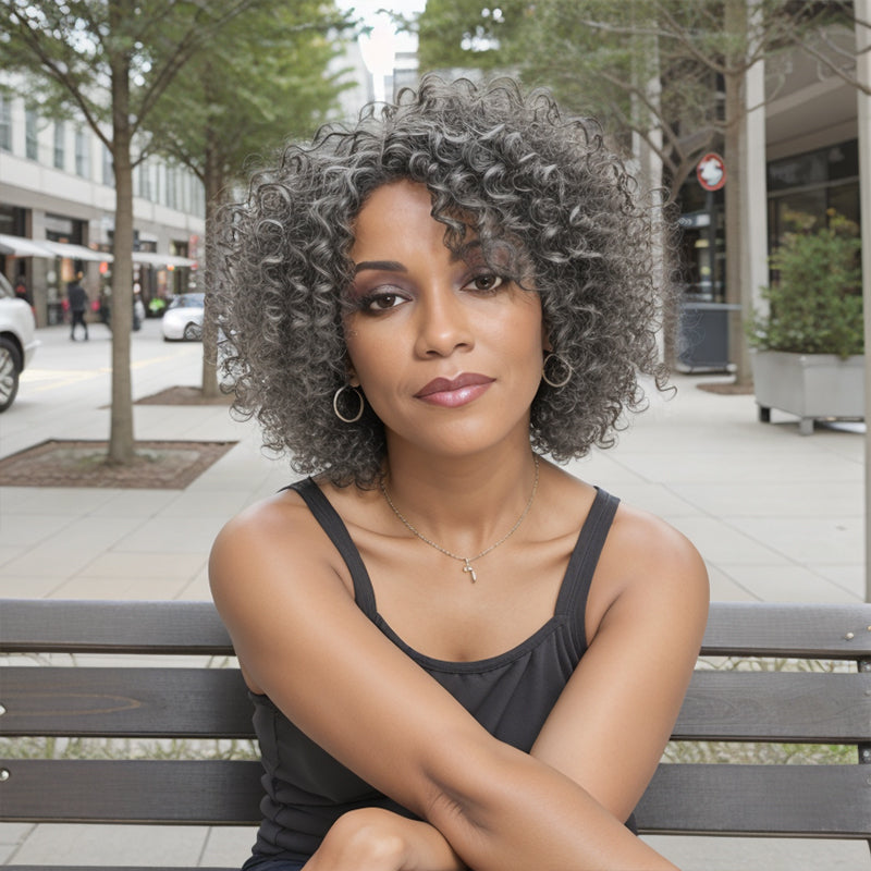 Put On & Go Salt And Pepper Kinky Curly Glueless Human Hair Wigs
