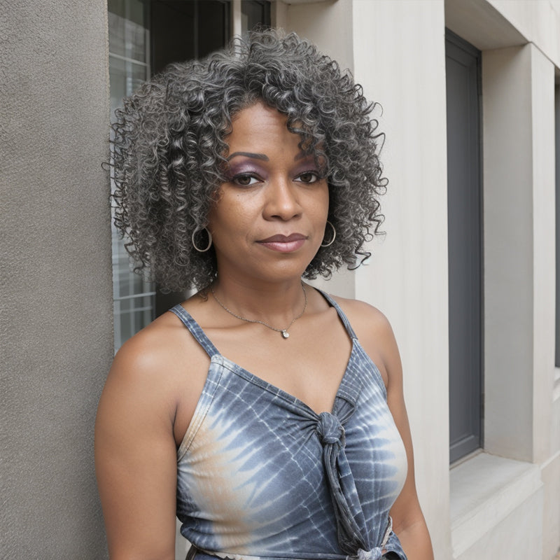 Put On & Go Salt And Pepper Kinky Curly Glueless Human Hair Wigs