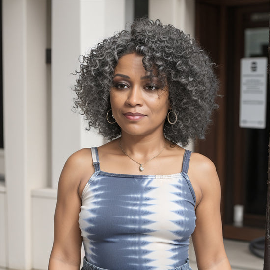 Put On & Go Salt And Pepper Kinky Curly Glueless Human Hair Wigs