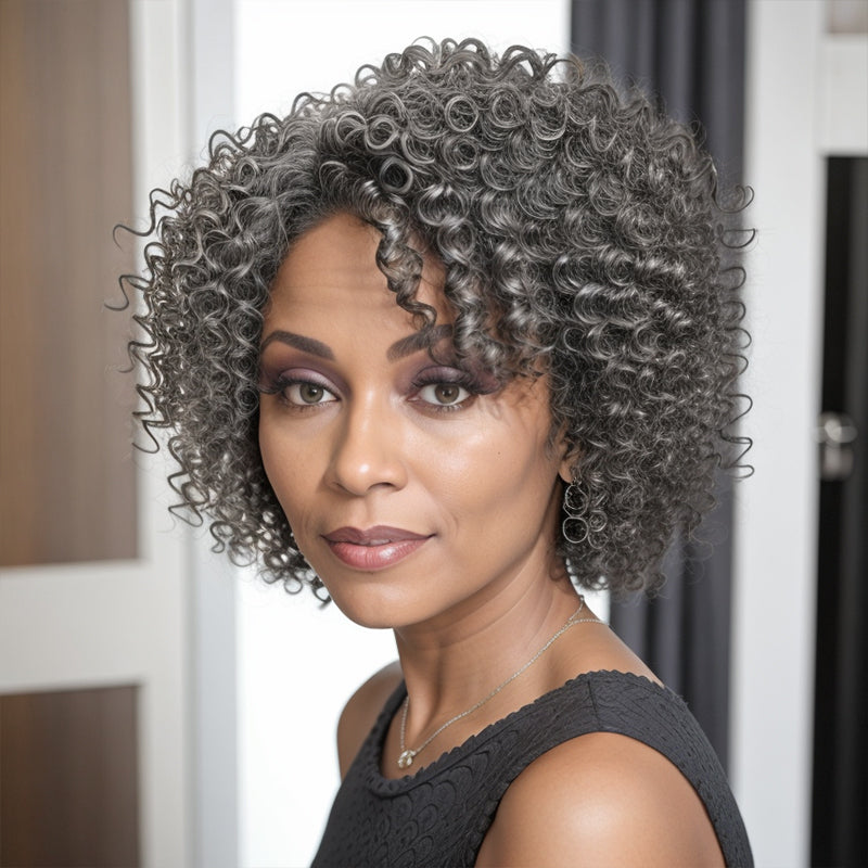 Put On & Go Salt And Pepper Kinky Curly Glueless Human Hair Wigs