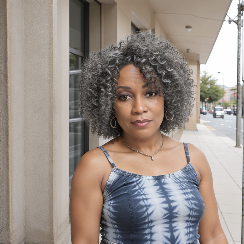 Put On & Go Salt And Pepper Kinky Curly Glueless Human Hair Wigs
