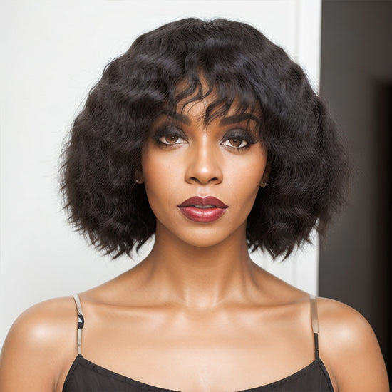Put On & Go Wolf Cut Black Short Curly Wig With Bang 100% Human Hair