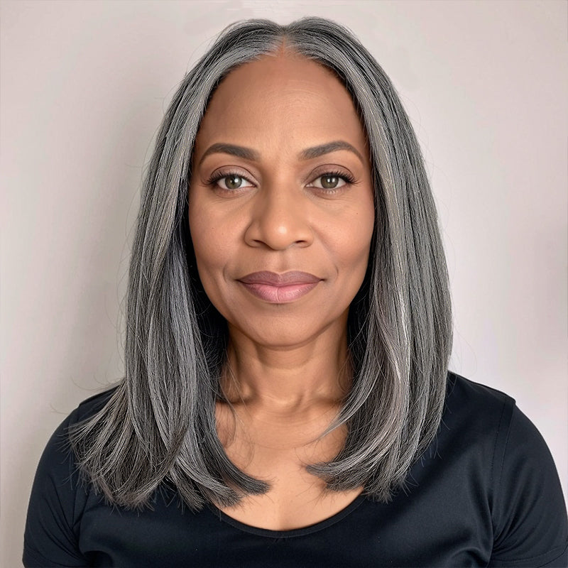 Put On and Go Salt And Pepper Kinky Straight 5x5 Closure Wig Glueless Human Hair Wigs