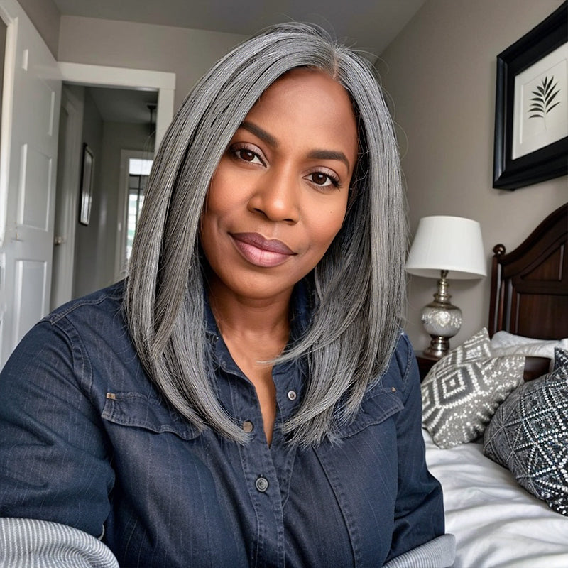Put On and Go Salt And Pepper Kinky Straight 5x5 Closure Wig Glueless Human Hair Wigs
