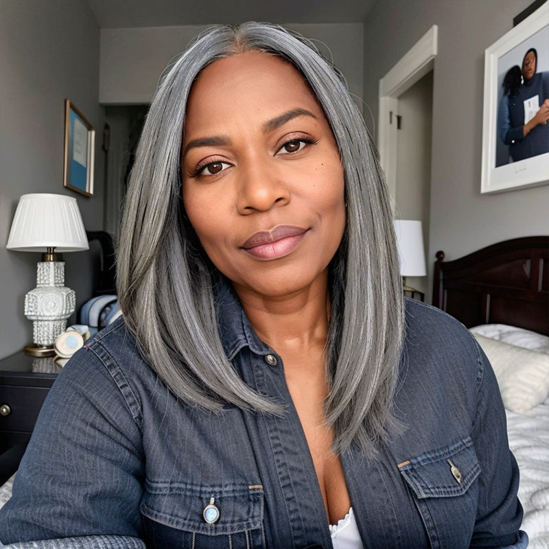 Put On and Go Salt And Pepper Kinky Straight 5x5 Closure Wig Glueless Human Hair Wigs