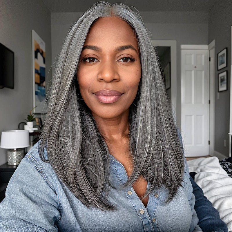 Put On and Go Salt And Pepper Kinky Straight 5x5 Closure Wig Glueless Human Hair Wigs