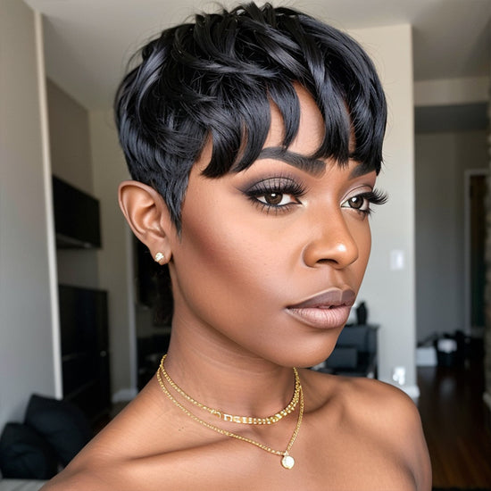 Ready-to-Wear Layered Pixie Cut Short Black Wig With Bangs 100% Virgin Human Hair