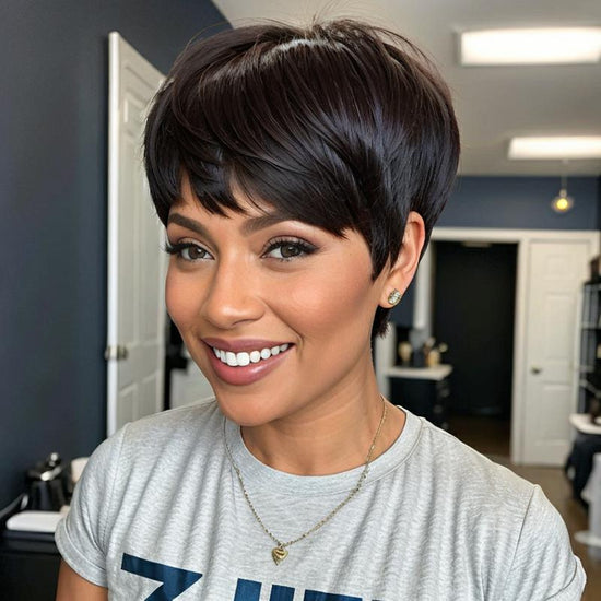 Ready-to-Wear Layered Pixie Cut Short Black Wig With Bangs 100% Virgin Human Hair
