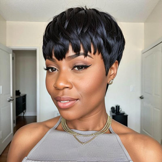 Ready-to-Wear Layered Pixie Cut Short Black Wig With Bangs 100% Virgin Human Hair