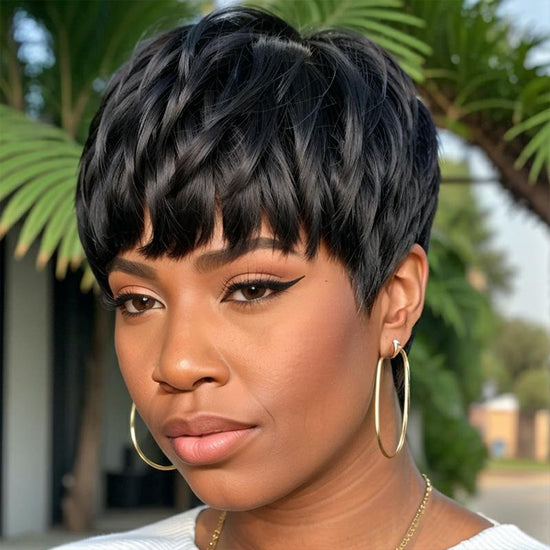 Ready-to-Wear Layered Pixie Cut Short Black Wig With Bangs 100% Virgin Human Hair