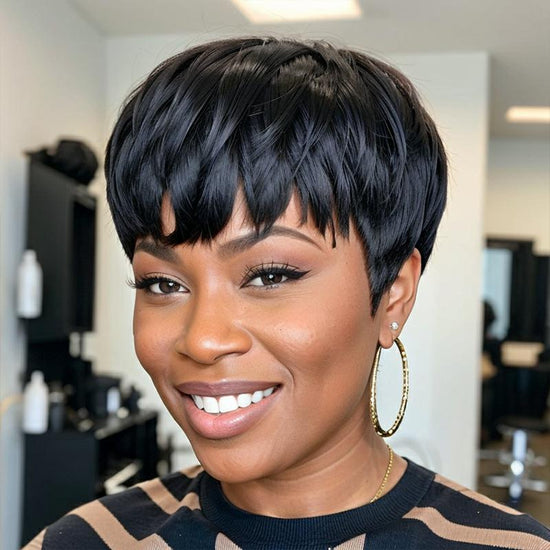 Ready-to-Wear Layered Pixie Cut Short Black Wig With Bangs 100% Virgin Human Hair