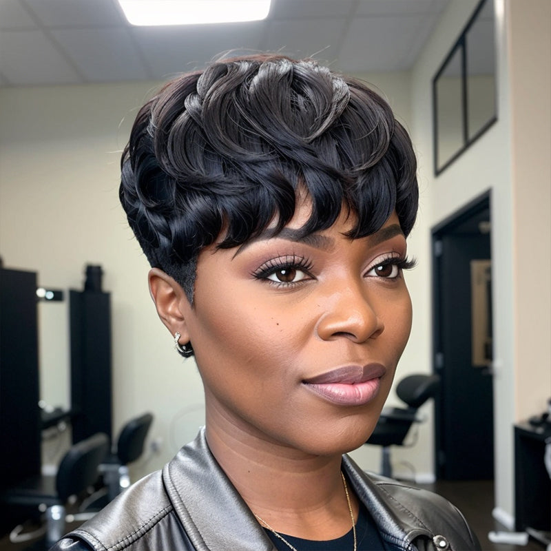 Ready-to-Wear Layered Pixie Cut Short Black Wig With Bangs 100% Virgin Human Hair