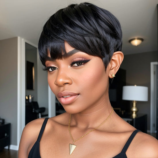 Ready-to-Wear Layered Pixie Cut Short Black Wig With Bangs 100% Virgin Human Hair