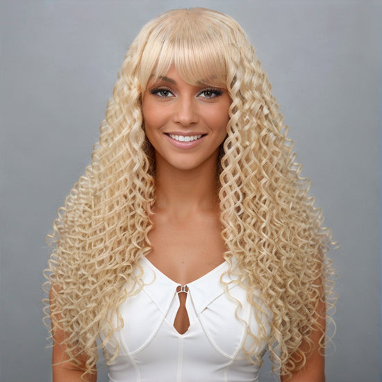 Ready Go#613 Blonde Colored Wig Deep Wave Long Hair With Bangs Beginner Friendly Human Hair Wigs