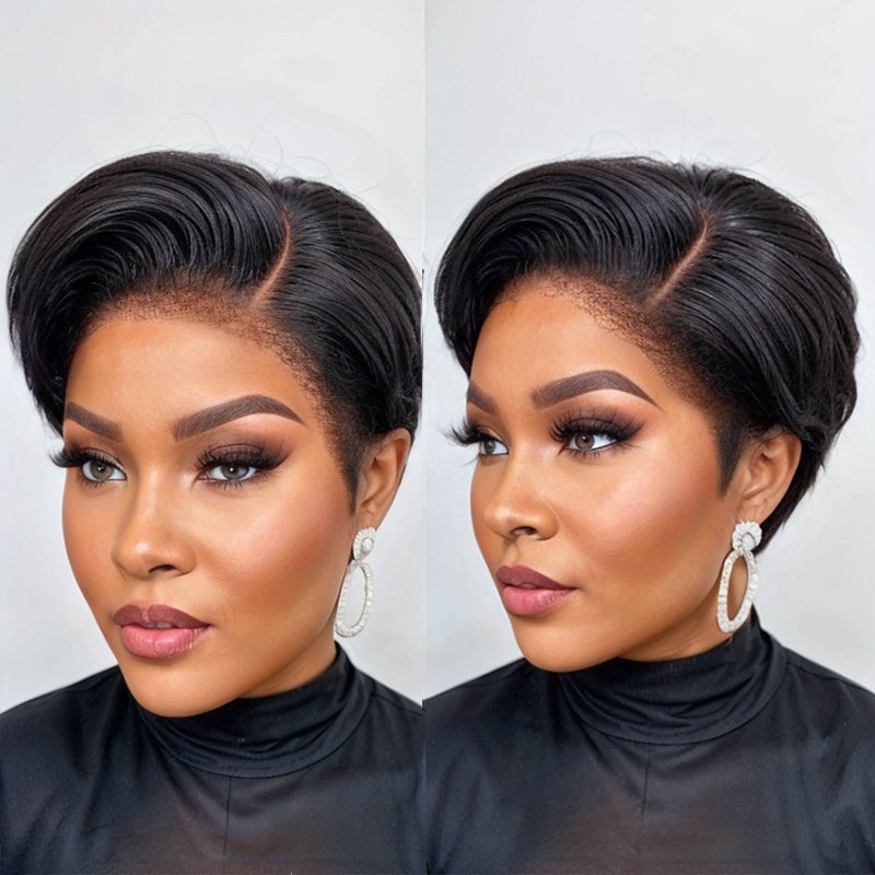 Realistic 4C Edges | Short Pixie Cut Layer Hair 13x4 Lace Frontal Wig 100% Human Hair